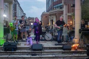 Band performing at an outdoor concert.