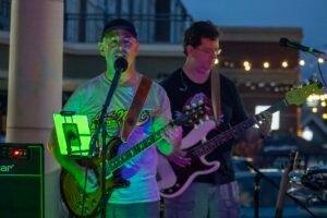 Musicians performing at a concert at night